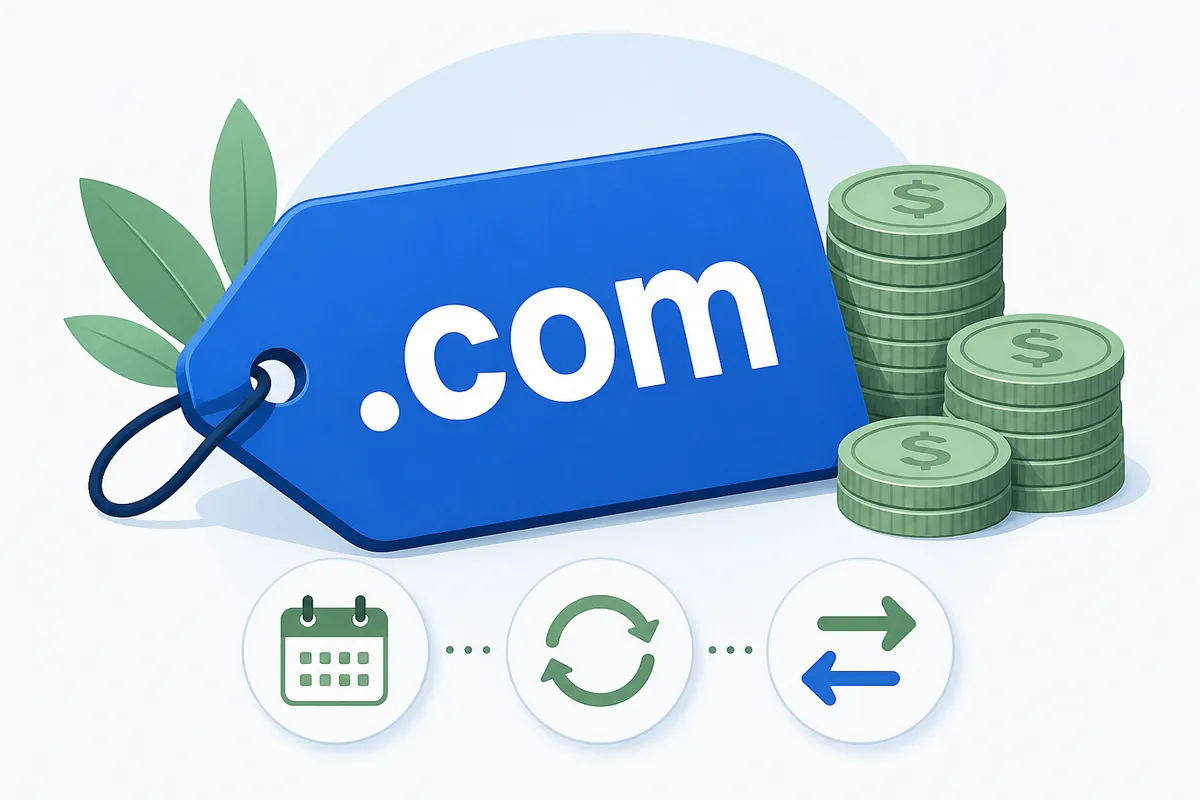 Editorial illustration of a .com domain tag with cost icons for registration, renewal and transfer