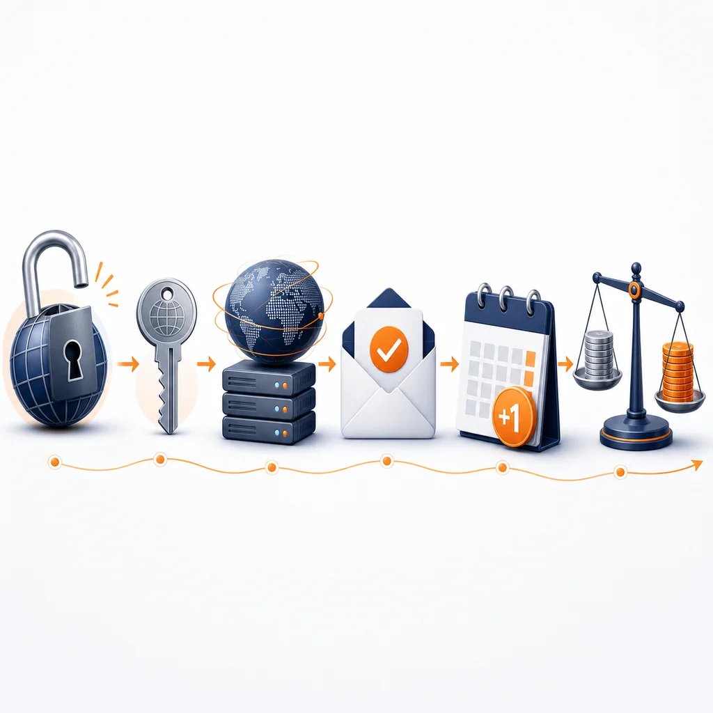 Editorial sequence showing domain unlock, authorization code, DNS checks, approval, one-year extension and cost comparison
