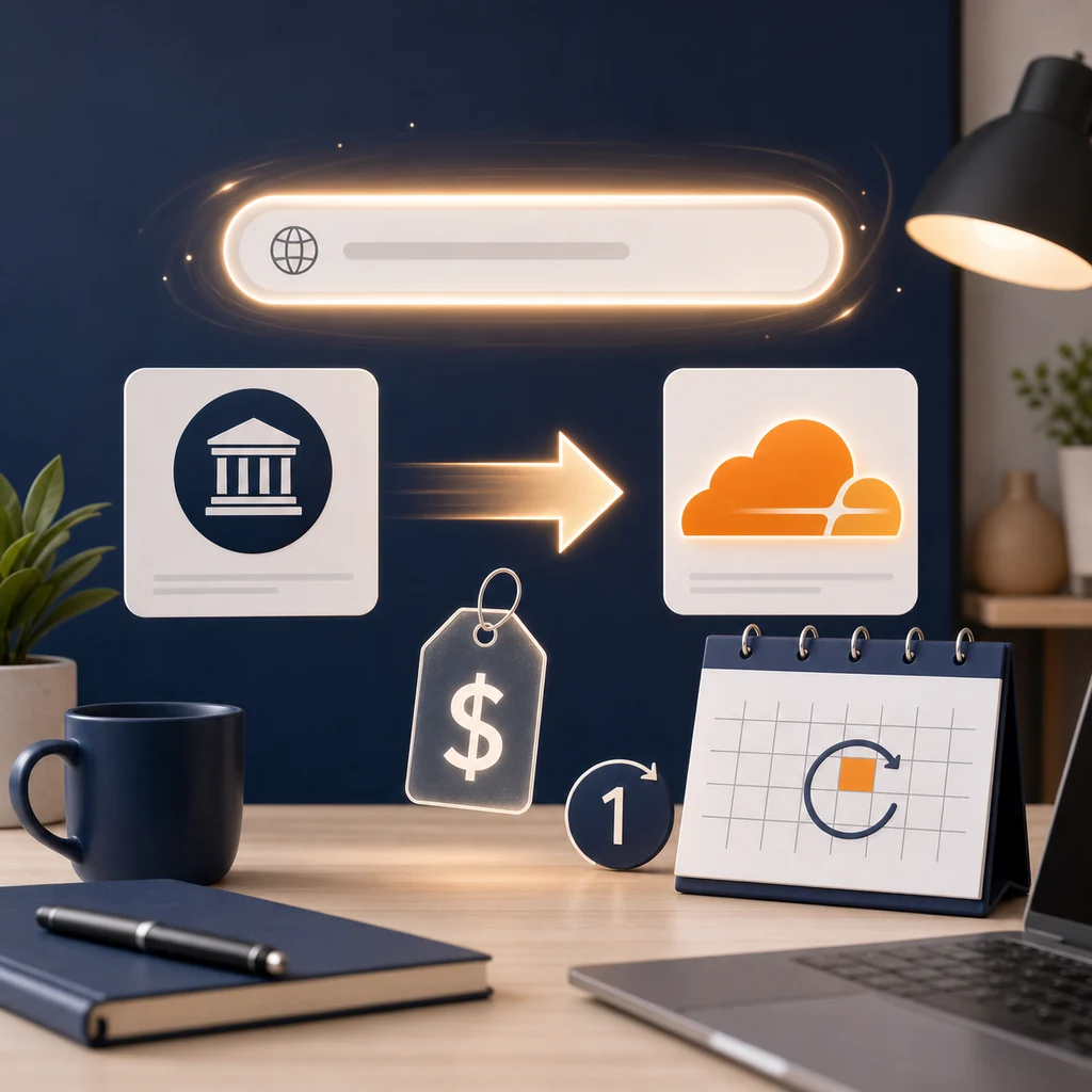 Editorial illustration of a domain moving to a cloud registrar with a transfer fee and one-year renewal extension