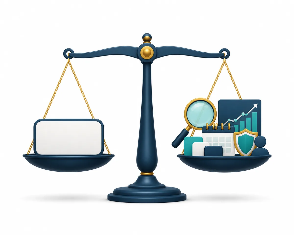 Editorial balance scale showing that domain appraisal weighs several value signals