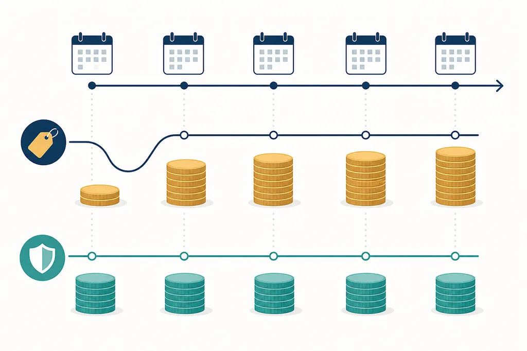 Illustration of a domain price timeline from promotional registration to recurring renewals