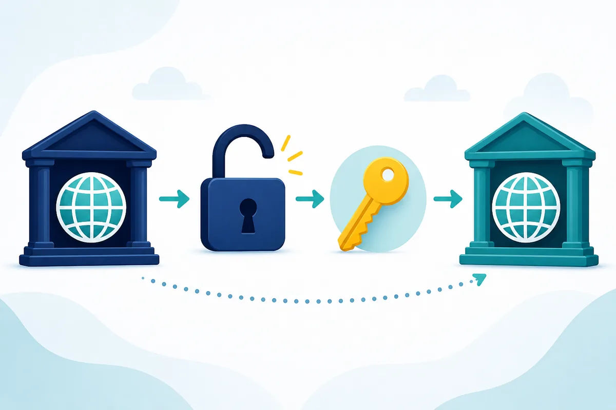 Editorial illustration of a domain moving between registrars with an unlocked padlock and authorization key