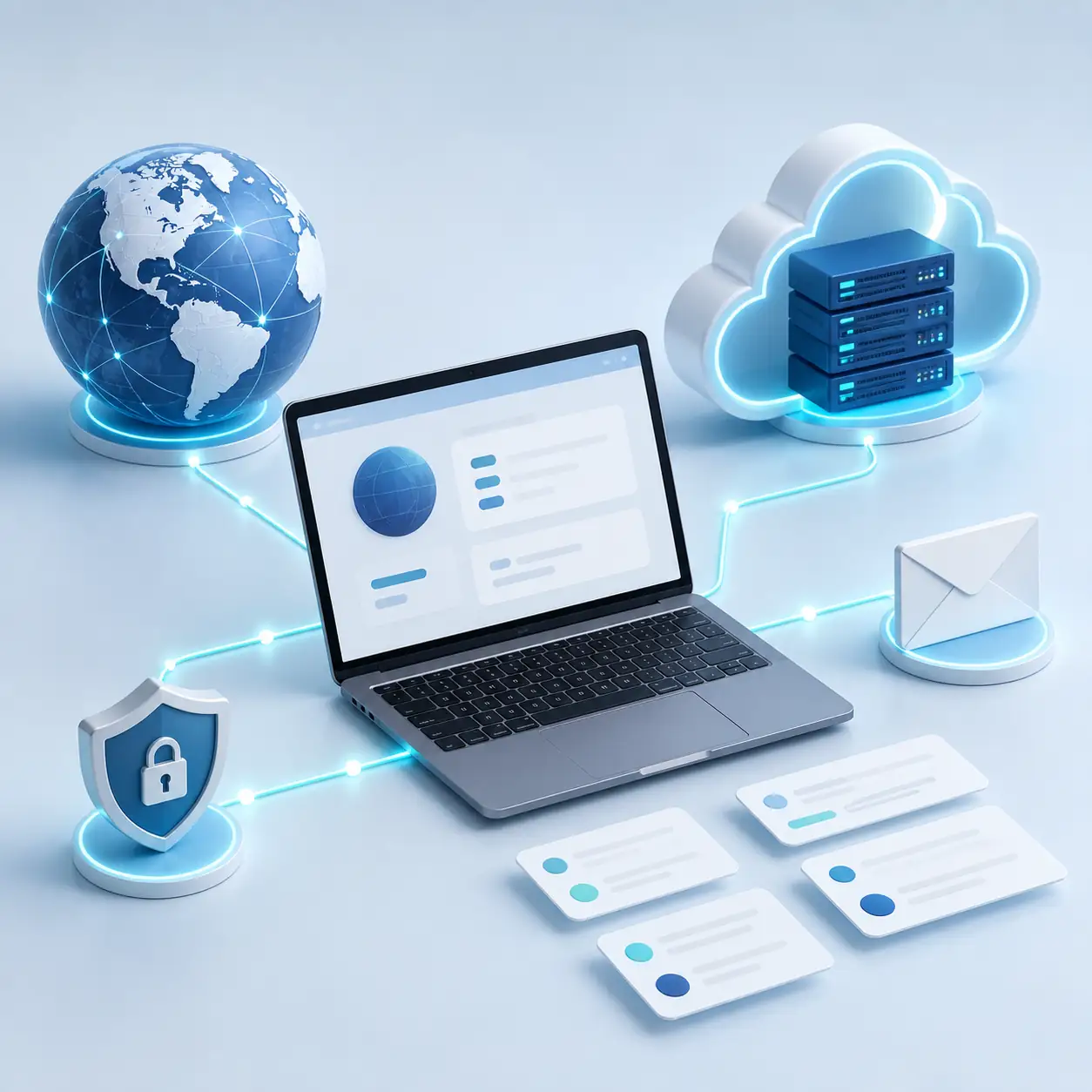 Illustration of a purchased domain connecting a website, cloud server, email and security controls