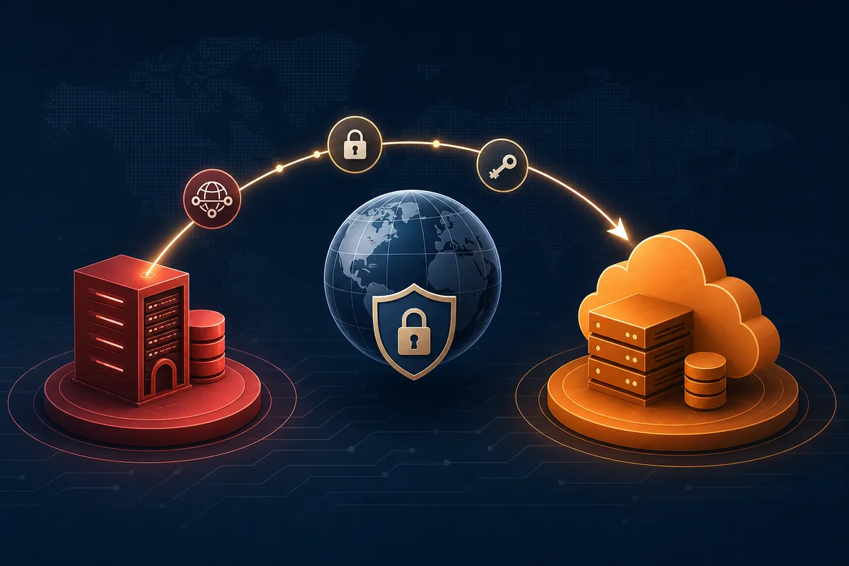Editorial illustration of a domain moving securely from one registrar to Cloudflare