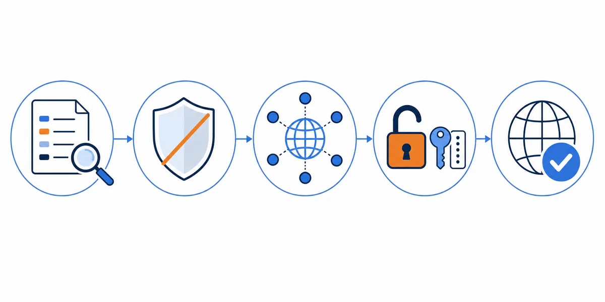 Five-stage domain transfer flow covering DNS review, DNSSEC, nameservers, unlock and approval