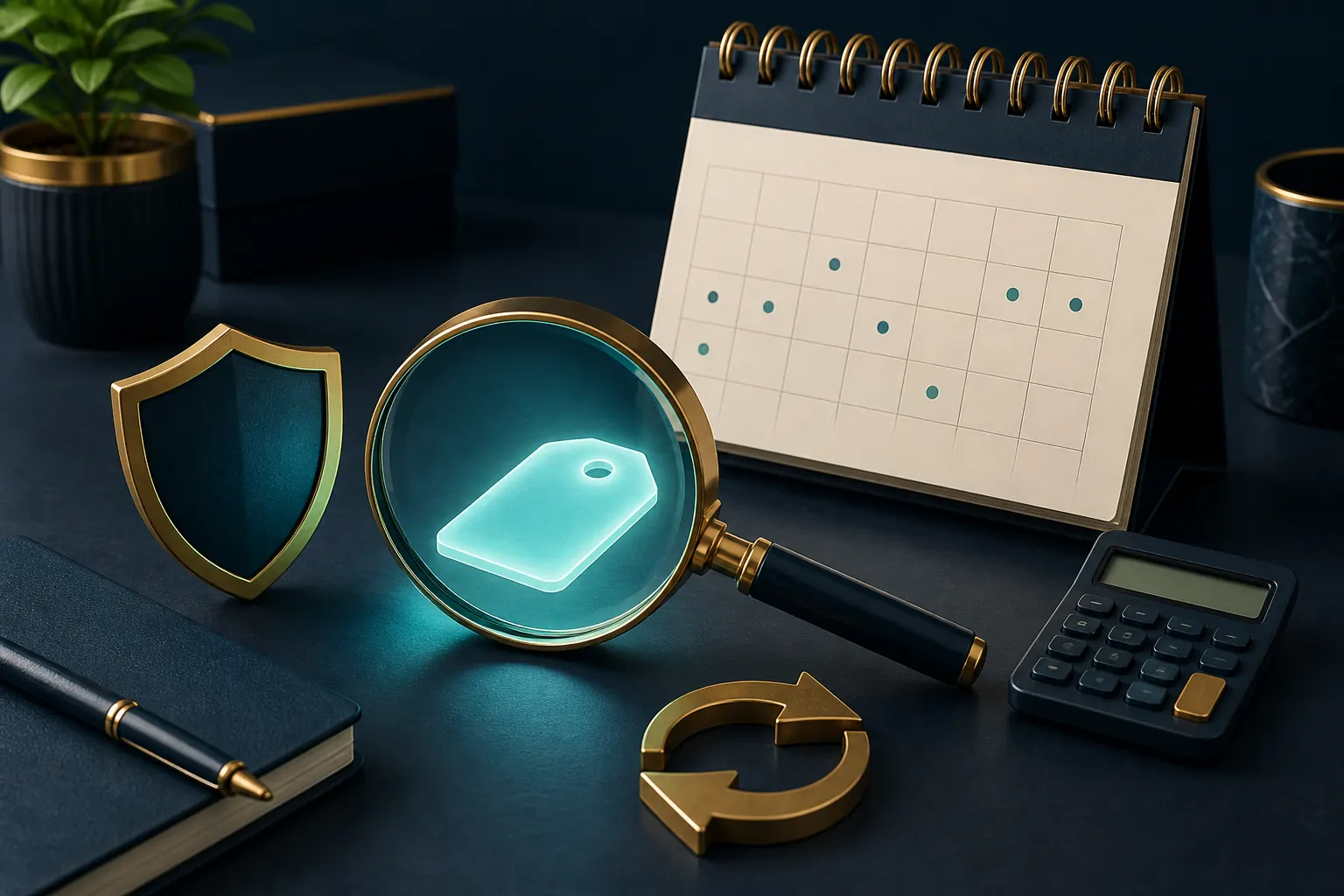 Editorial desk with magnifying glass, renewal calendar, shield and calculator for checking a premium domain