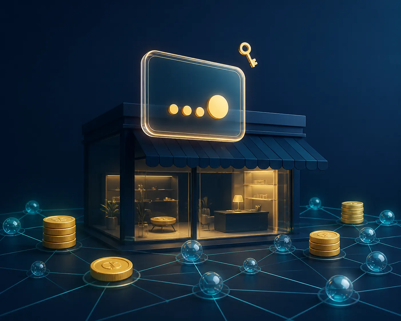 Editorial concept of a premium domain storefront connected to pricing and network symbols