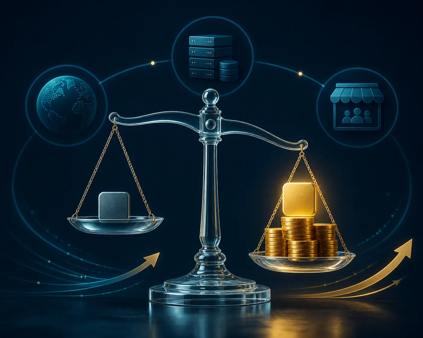 Editorial balance scale comparing a standard domain asset with a premium domain and higher cost